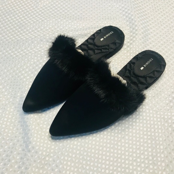 Birdies Dove Satin Pointy Toe Faux Fur Mules - Picture 3 of 7